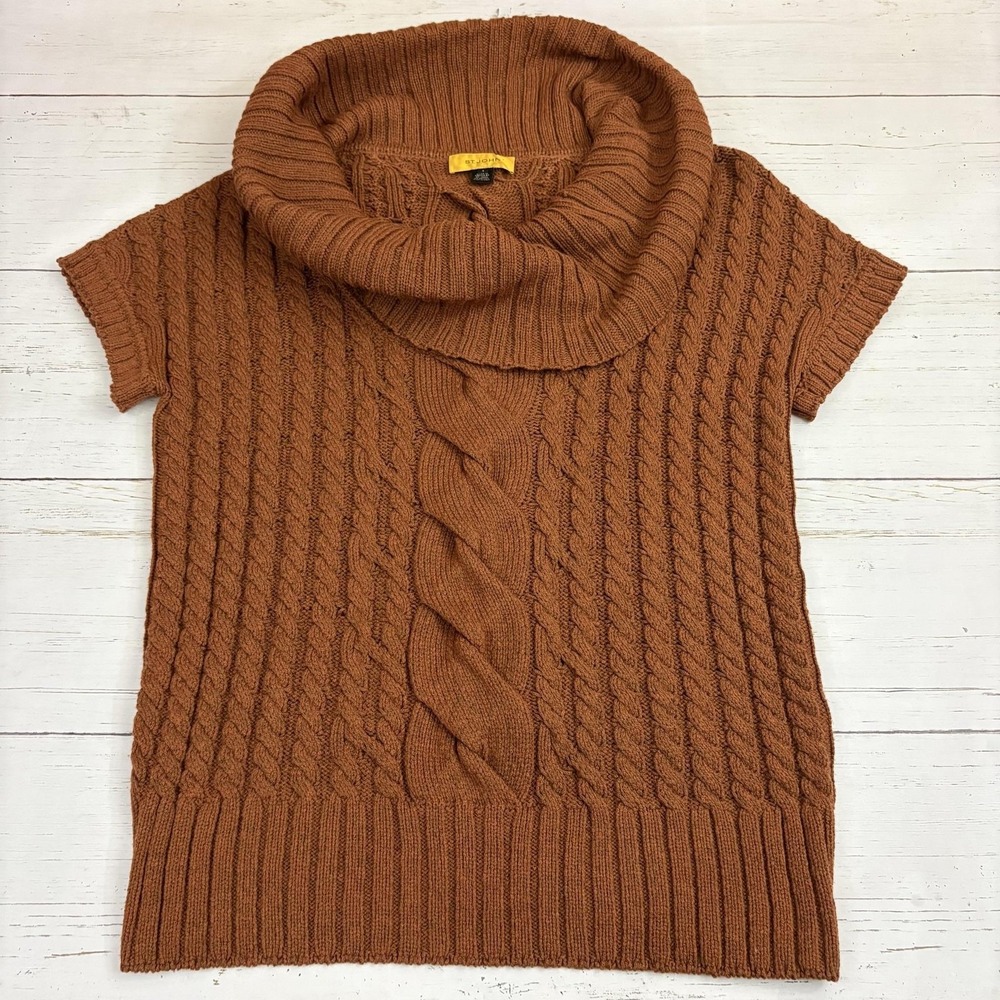 St. John Cable Knit Sweater Womens Small Brown Cowl Neck Short Sleeve Wool